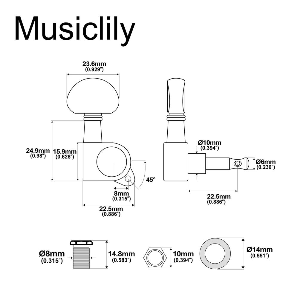 Musiclily Pro Gitarre Schwarz 3+3 Mechaniken, Halbmond-Knöpfe,
