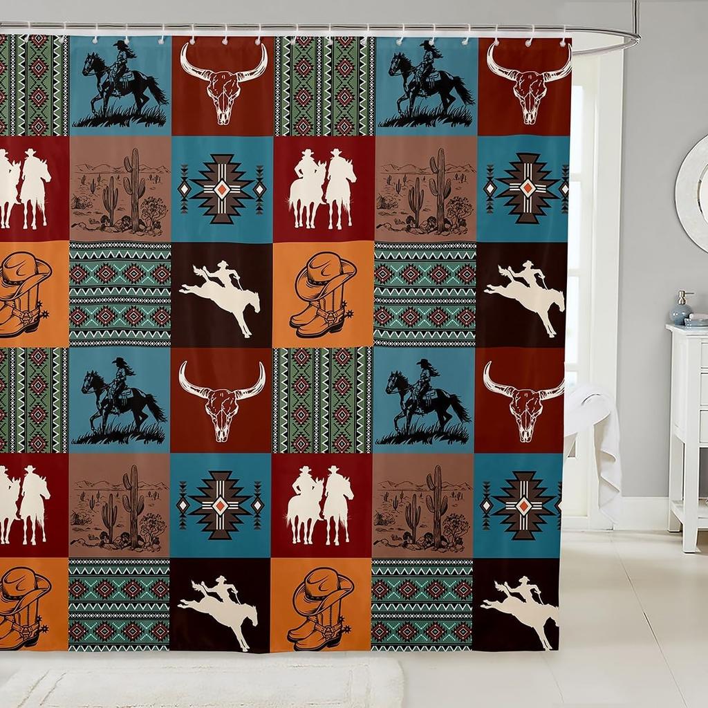 Southwest Shower Curtain, Geometric Aztec Tribal Pattern Bathroom Curtain Vintage Striped Western Waterproof for Kids Girls