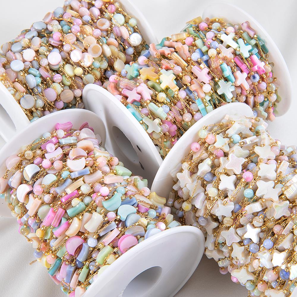 1Meter Stainless Steel Natural Shell Chains Colorful Heart Round Beaded Chains for DIY Necklace Bracelet Jewelry Making Supplies