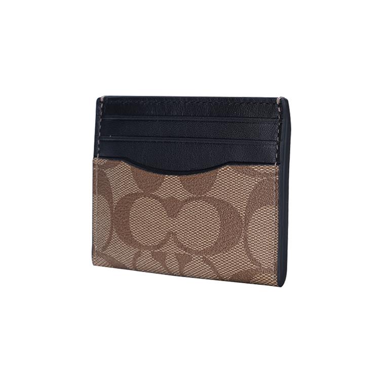 New COACH Card Case Coated Canvas With Leather Card Holder, Wallet Men's Black & Tan Khaki Monogram 58110-QBTN2