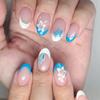 Unghie Artificiali Riutilizzabili Non Tossiche Design Floreale Blu Bianco con Glitter Senza Danni Manicure Per Matrimoni Ufficio