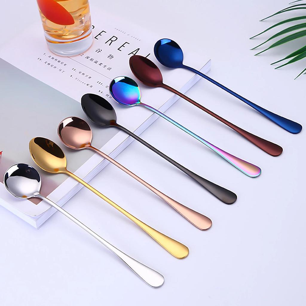 6Pcs Stainless Steel Coffee Tea Stir Spoon Long Handle Ice Cream Dessert Spoons Stainless Steel Tableware Set Kitchen Supplies
