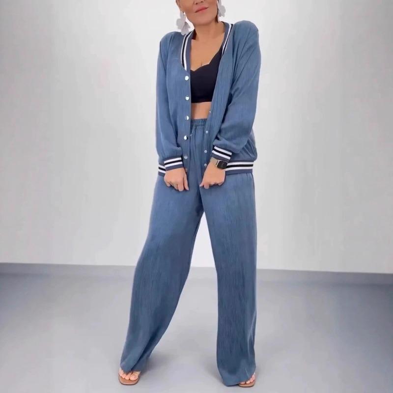 Women's Autumn/Winter Set Cardigan Casual Top Wide-Leg Pants and Patchwork Round-Neck Top