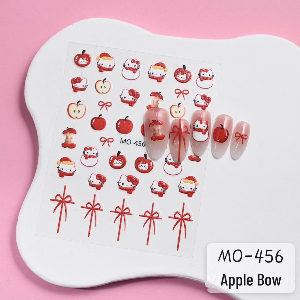 Festive 3D Apple & Cherry Bow Nail Stickers with Cartoon Cat Design