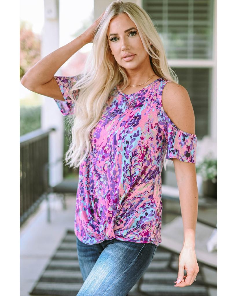 Azura Exchange Lavender Floral Print Cold Shoulder Blouse