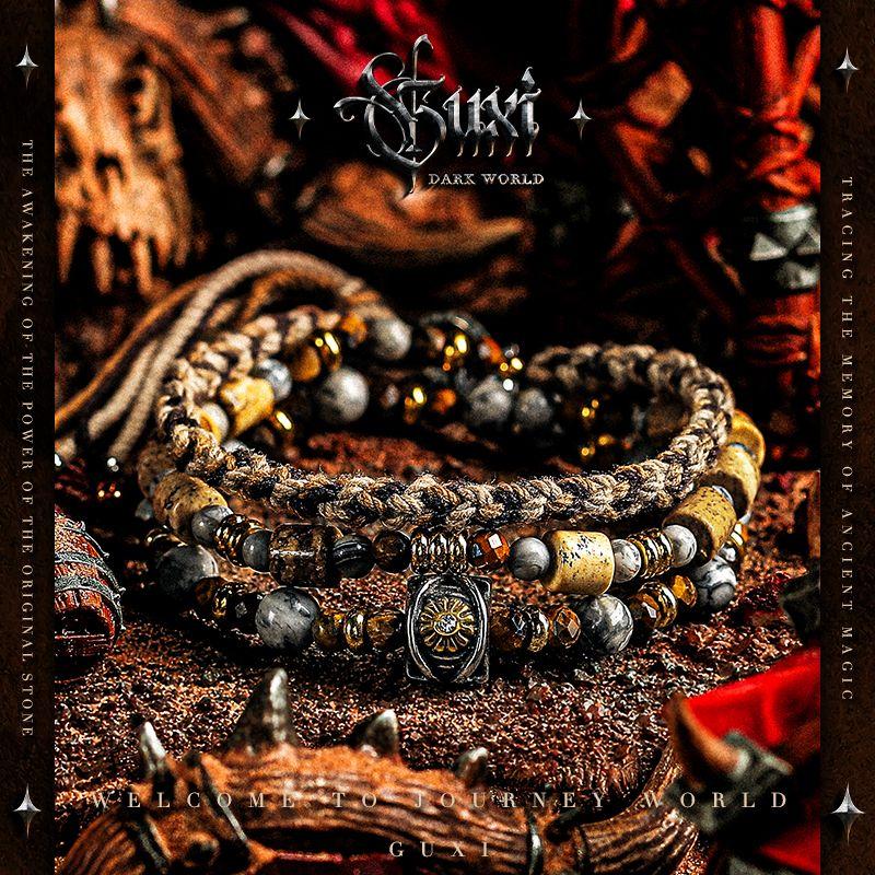 

Guxi [Конец Света] Нишевый браслет из камня Тигровый глаз, мужской браслет из камня Карта, бусины, ювелирные изделия, ретро плетеный ремешок для ношения Size S recommend hand circumference 15-16cm