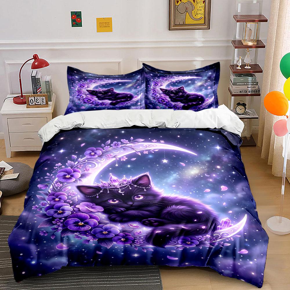 Fantasy Cat with Purple Flowers Print Bedding Set 1 Duvet Cover 2 Pillowcases for Adult and Children Luxury Gift Full Size