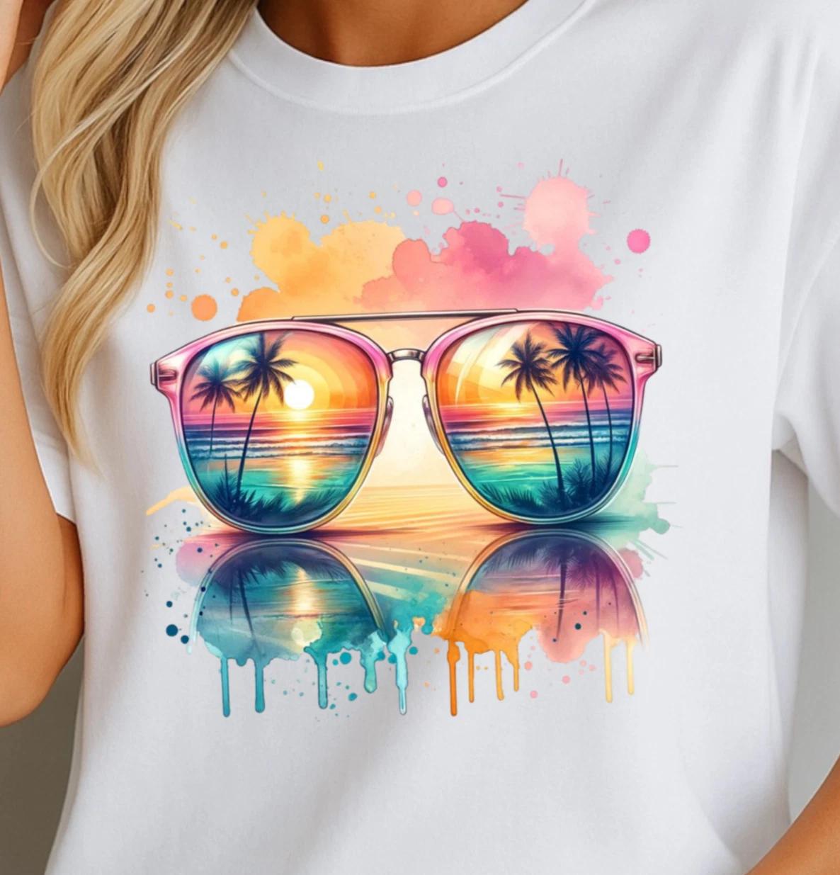 Sunset Sunglasses T-Shirt | Tropical Beach Reflection Tee, Watercolor Drip Art M