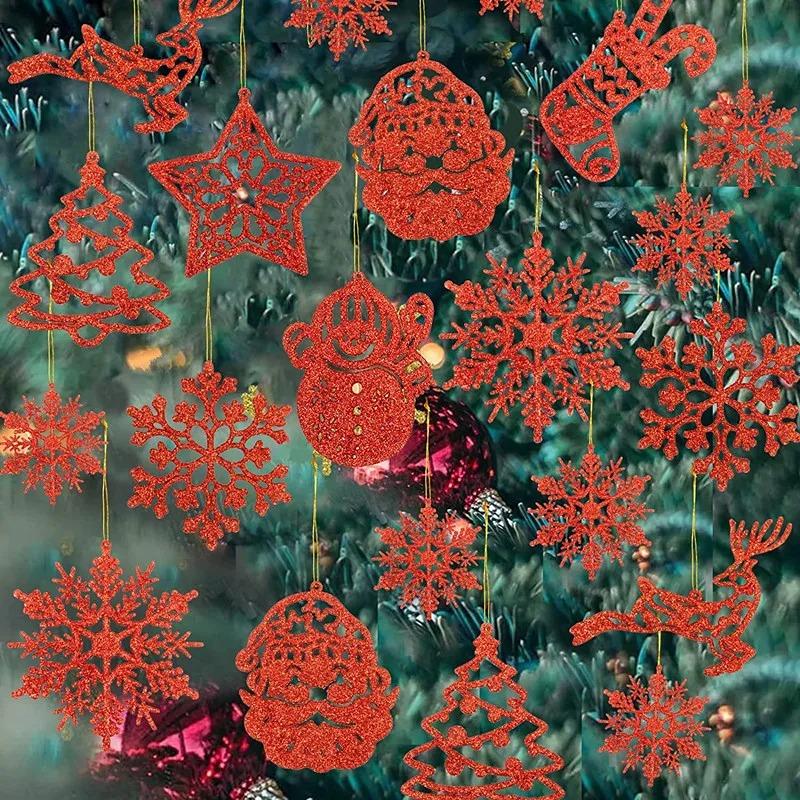 42/20Pcs Christmas Tree Decoration Hanging Ornaments Tree Snowman Reindeer Santa Snowflake Ornaments for New Year Winter Party