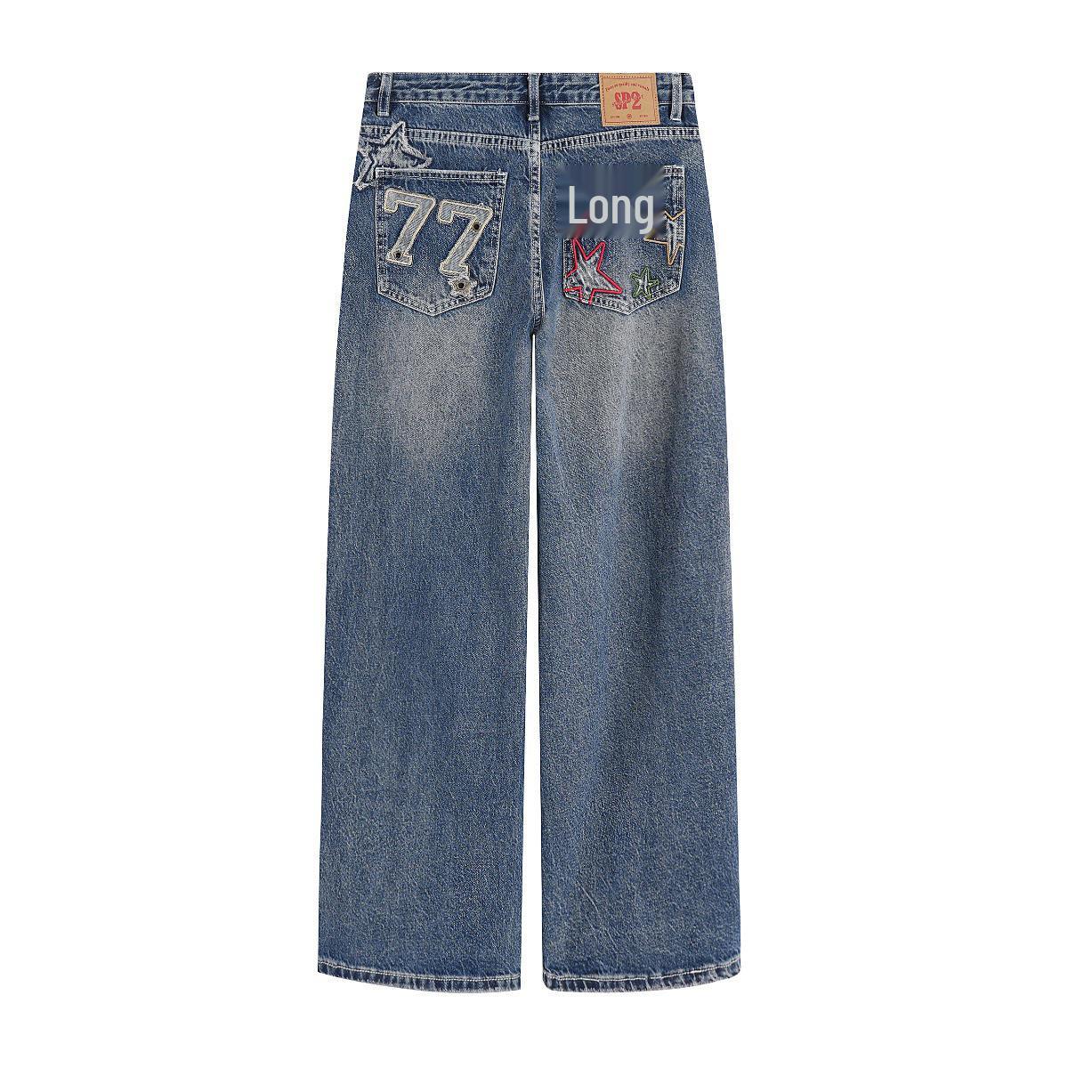 Women s Retro Star Embroidered Wide-Leg Jeans Large синий