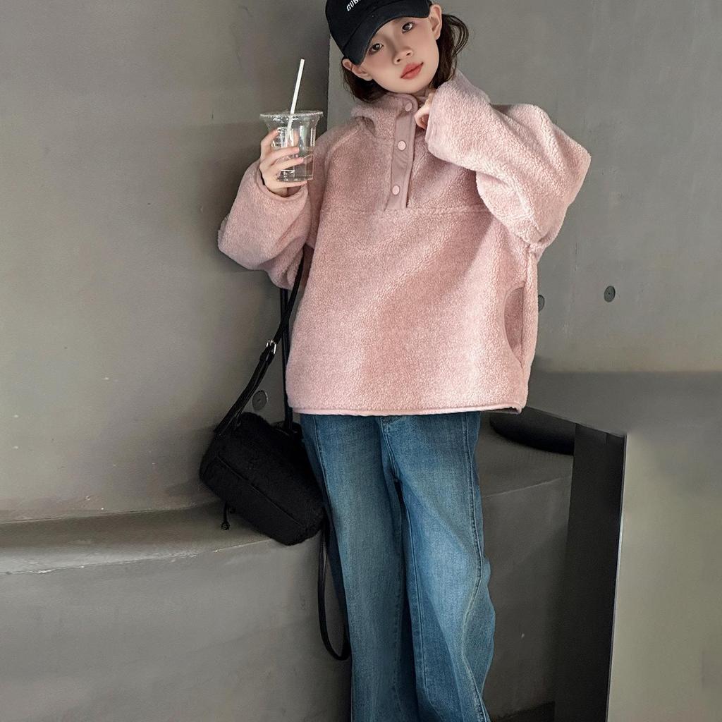 Girls' 2025 Korean Style Fuzzy Hooded Sweater - Autumn/Winter Warm, Loose Pullover