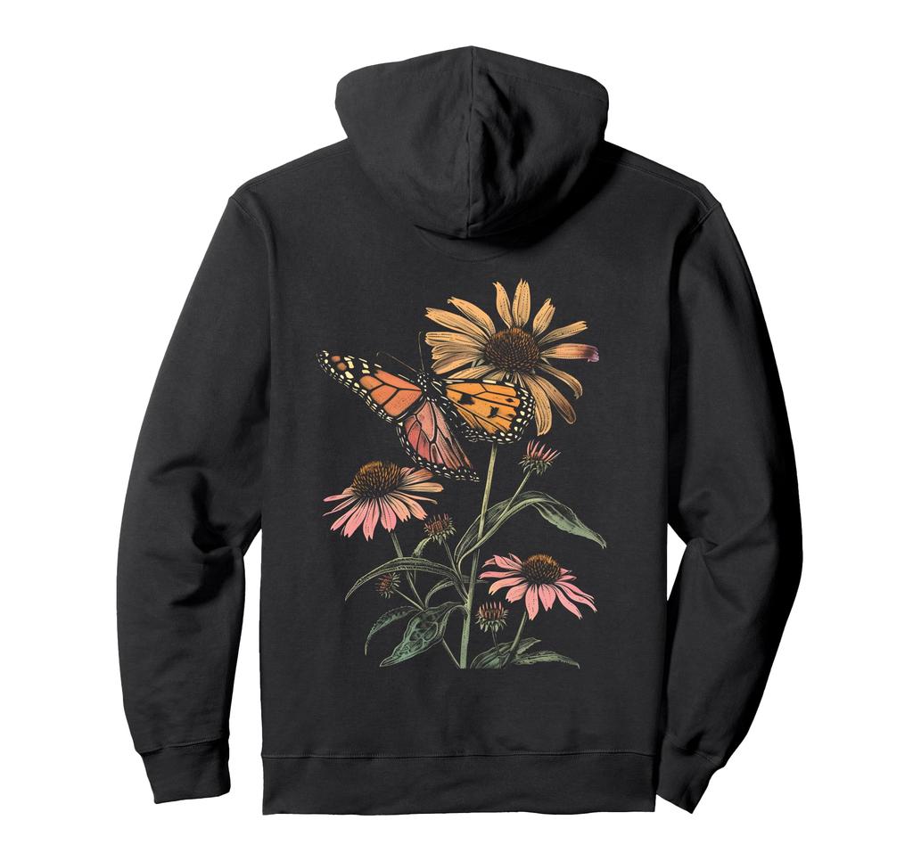 Vintage Monarch Butterfly and Coneflower Flower Girl Plant Mom Hoodie
