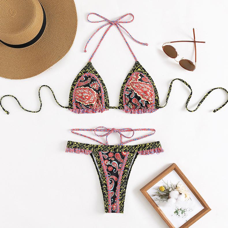 

Принтованный халтер с оборками, женский купальник бикини, женский купальник, комплект бикини из двух частей, купальник-стринги, купальный костюм для плавания, леди L