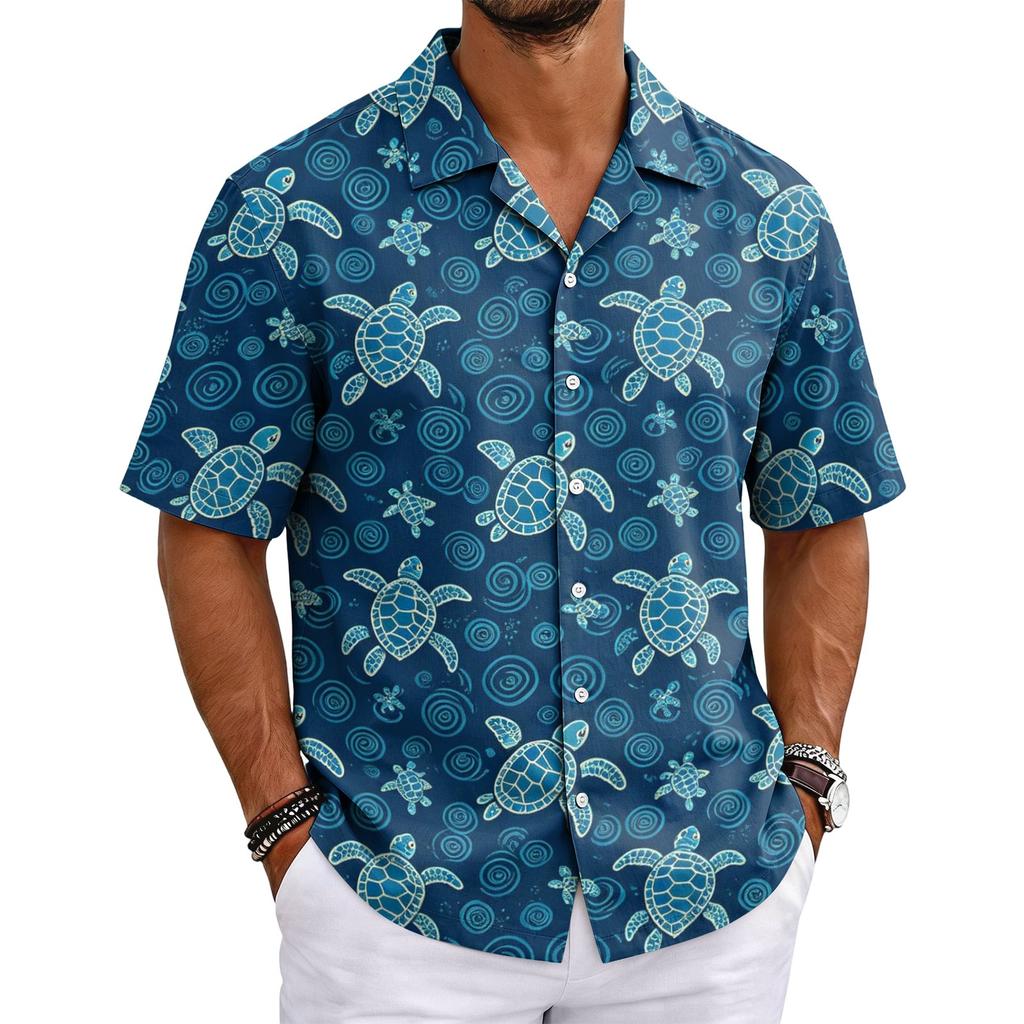 Men's Hawaiian Print Cuban Collar Shirt Short Sleeve Button Down Casual Beach Shirt Lightweight Breathable Fabric for Summer