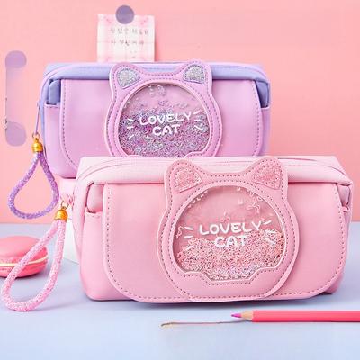 New Three-layer Girl's Heart Pencil Case Large Capacity Cat Head Pencil Case Elementary School Stationery Bag Girl's Pencil Case