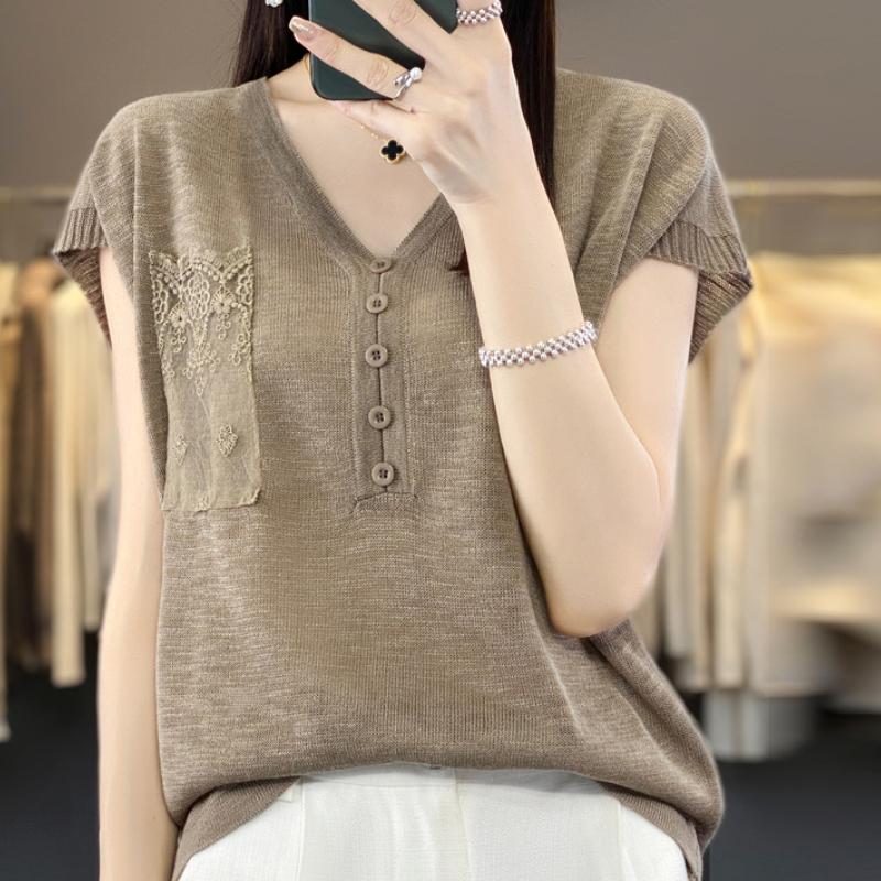 

New Summer Bamboo Joint Linen V Tie Buckle Knit Sweater Short Sleeves for Women Fashionable Loose Versatile Bat Sleeve Top with Pocket M