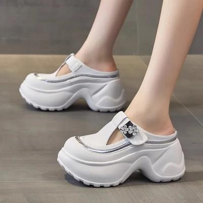 Moda para Mujer Plataforma 8CM Zapatillas Decoración de Pedrería Aumento de Talón Zapatos Moda Versátil Exterior Cuñas Tacones Altos Sandalia Zapatos de Arrastre