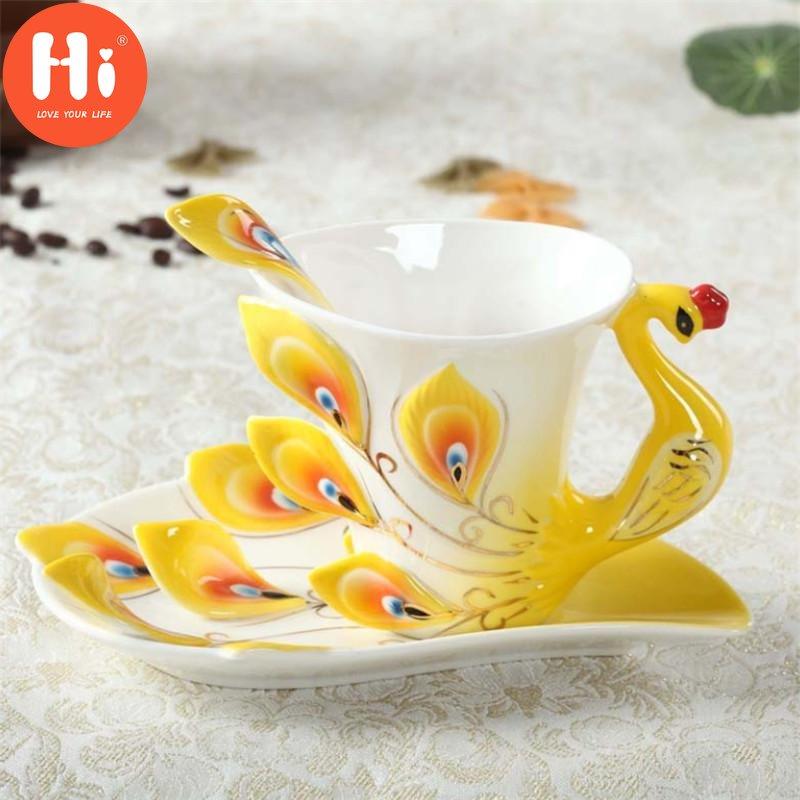 200ML Bone Cna 3D Color Enamel Animal Coffee Cup with Saucer and Spoon Ceramic Afternoon Teacups Drinwkare