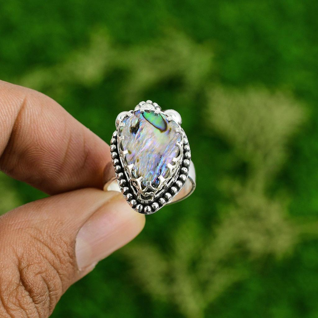 Natural Abalone Shell Gemstone Statement Adjustable Ring 925 Silver For Women