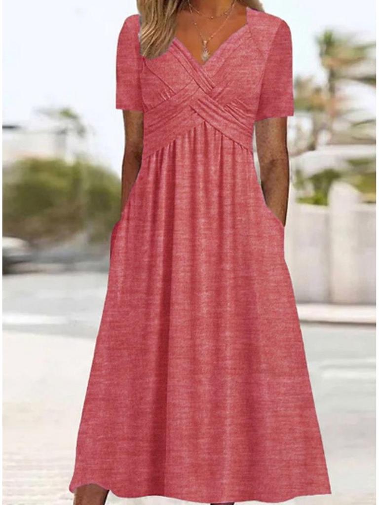 2026 Spring Solid Color V-Neck Short Sleeve Pocket Dress for Women