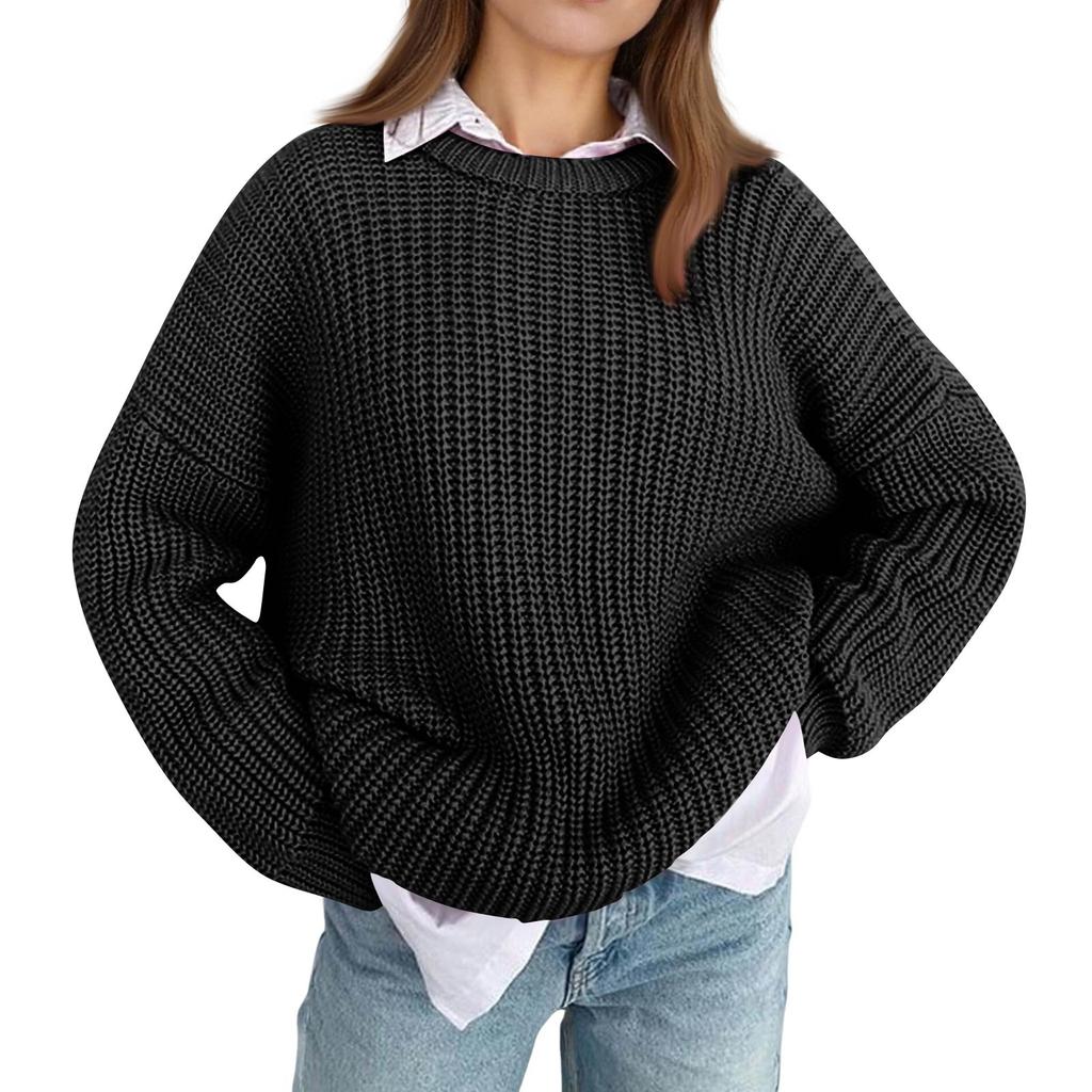 Women's Fashion Long-Sleeved Solid-Colour Neck Thickened Oversized Slouchy Knitted Pullover Sweater