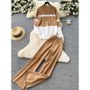 Casual and Fashionable Knitted Autumn and Winter Loose Long-sleeved Contrasting Color Top, High-waisted Slimming Wide-leg Pants Set for Women