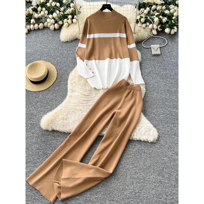 

Повседневный и модный вязаный осенне-зимний свободный топ с длинными рукавами и контрастной расцветкой, комплект брюк с высокой талией, стройнящих и с широкими штанинами для женщин one size