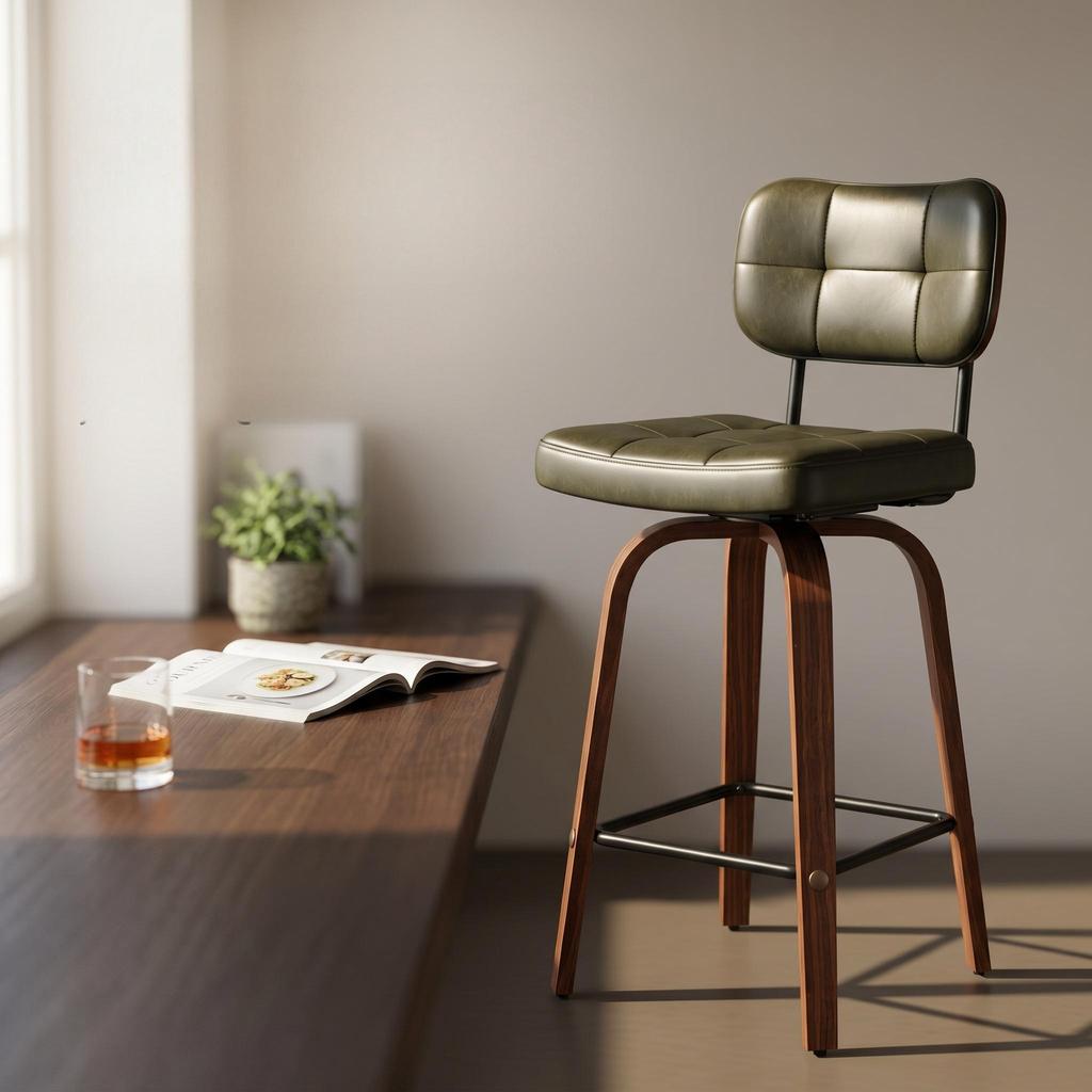 Curve Bar Stool - Swivel PU-Upholstered Stool with Curved Wood Sickle Backrest & Metal Frame, 360 degrees Swivel, Set of 2