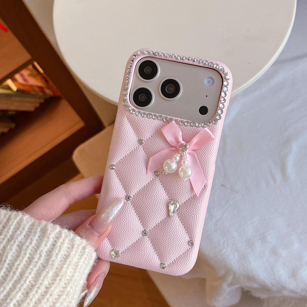 Luxury Quilted iPhone 13/14/15 Pro Max Case with Rhinestone Bow & Pearl
