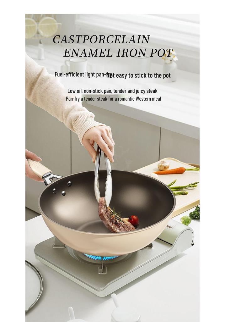 Titanium Ceramic Flat-Bottomed Non-Stick Stir-Fry Pan, Milk White, Wear-Resistant and Scratch-Resistant for Kitchen Use