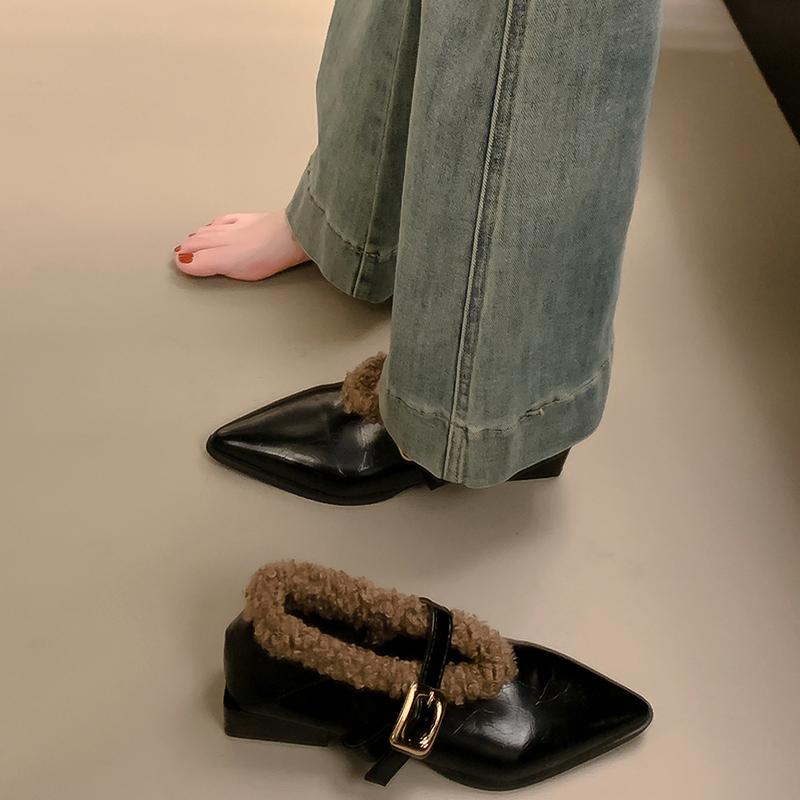Fashion Autumn Fashion Furry Women Mary Jane Shoes Elegant Pointed Toe Low Heel Shoes Ladies Outdoor Comfort Warm Leather Footwear