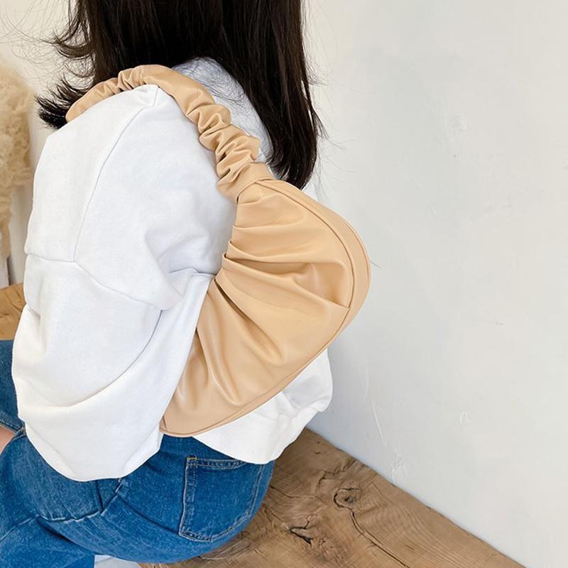 Fashion Pleated Handle Bags For Women Solid Color Cloud Bags PU Leather Shoulder Bags Armpit Bag Leisure Girls Small Tote Casual