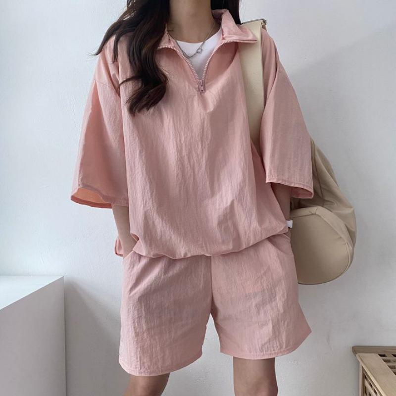 Women's Two-Piece Summer Sportswear: High Neck Zip Top & Loose Shorts Set