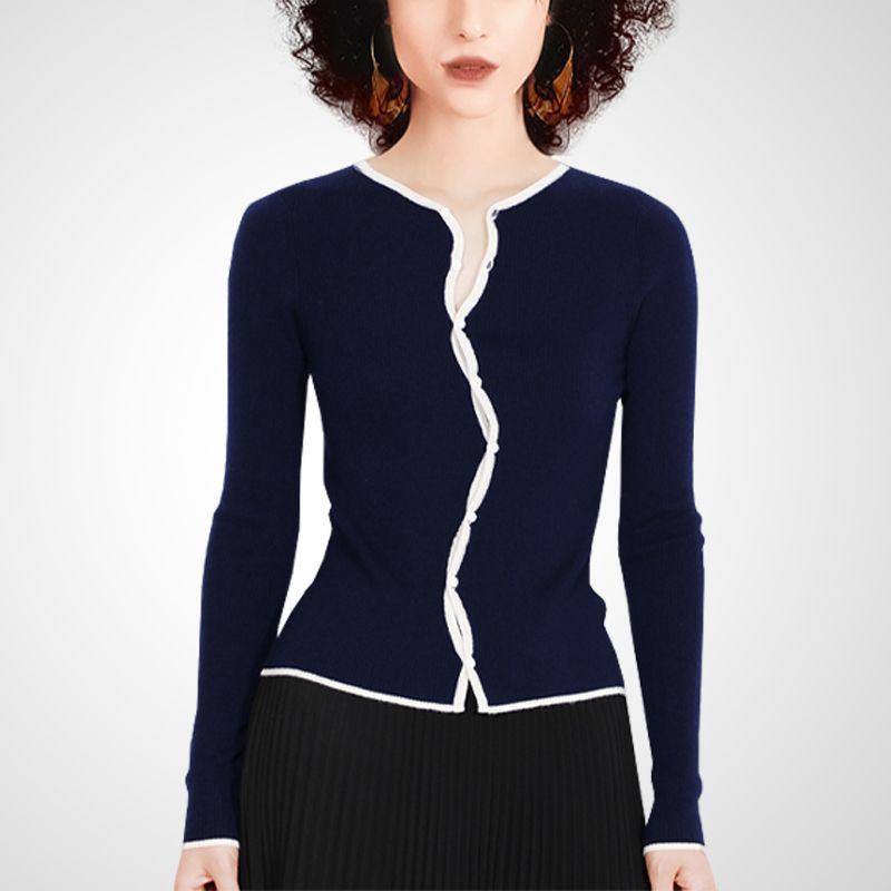 

Asymmetrical Contrast Color Wool Early Autumn Elegant Knitting Cardigan Tibetan youth S