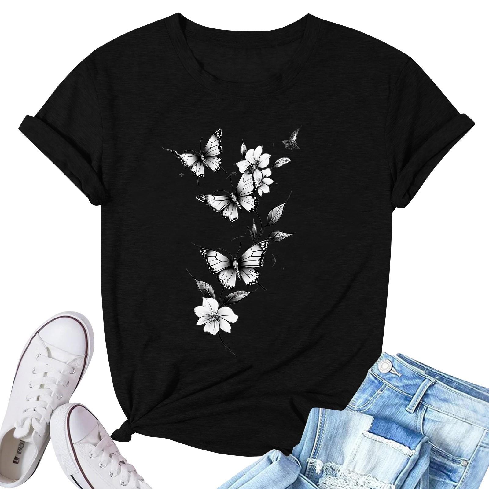Women s Fashion Printed Casual Pleated Round Short Sleeve T-Shirt Top S
