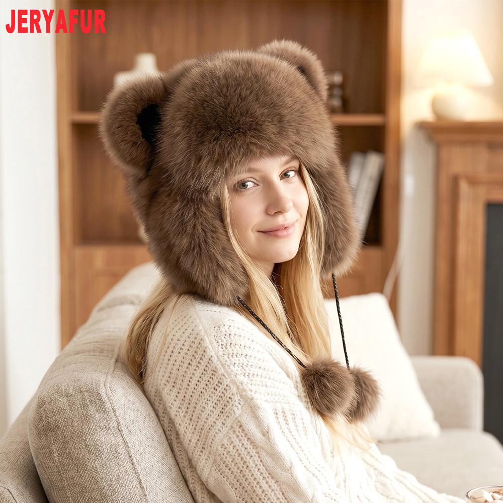 JERYAFUR Chapéu Ushanka Trapper Feminino com Orelhas de Gato, Quente e Fofo com Pom‑pom de Pele Sintética Grossa, Gorro de Inverno para Dias Frios e Nevados