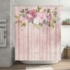 Watercolor Floral Bath Curtains: Pink Green Roses with Woven Texture for Bathroom Decor Bathtub Shower Door Panels Home Linen Se