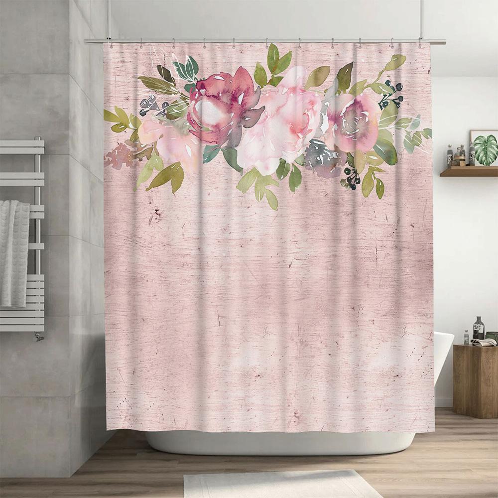 Watercolor Floral Bath Curtains: Pink Green Roses with Woven Texture for Bathroom Decor Bathtub Shower Door Panels Home Linen Se