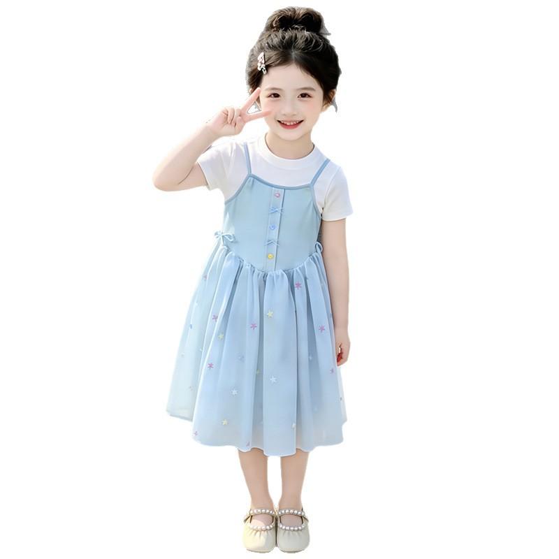 Girls Summer Sweet Princess Dress Medium Large Kids Short Sleeve Fake Two Piece Mesh Midi Dress