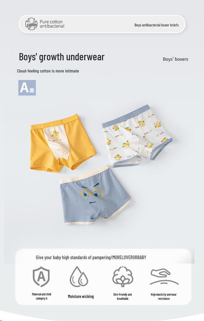 Antibacterial Cotton Boxer Briefs for Boys: 3-Pack, Class A, Middle & Large Children