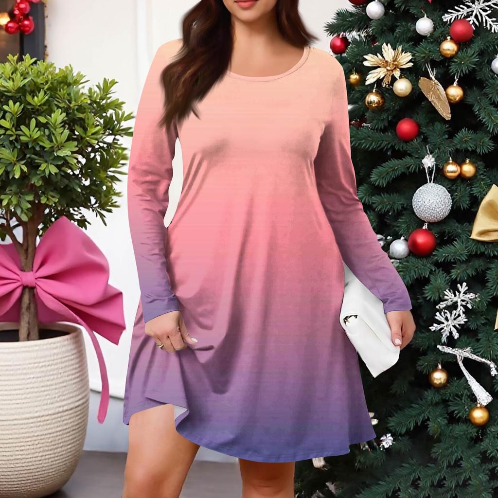 Plus Size Women's Gradient Print Casual Spring/Autumn Pocket Round Neck Long Sleeve Dress