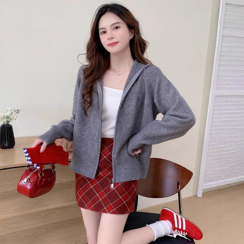 Autumn and winter new loose lazy soft waxy hooded double zipper knitted cardigan women's simple casual versatile sweater jacket