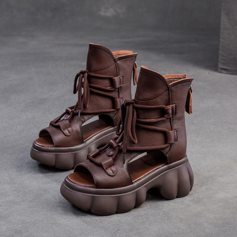 GKTINOO 2025 Spring/Summer New Genuine Leather Thick Soled Peep Toe Roman Sandals Retro Versatile Handmade Women's Shoes