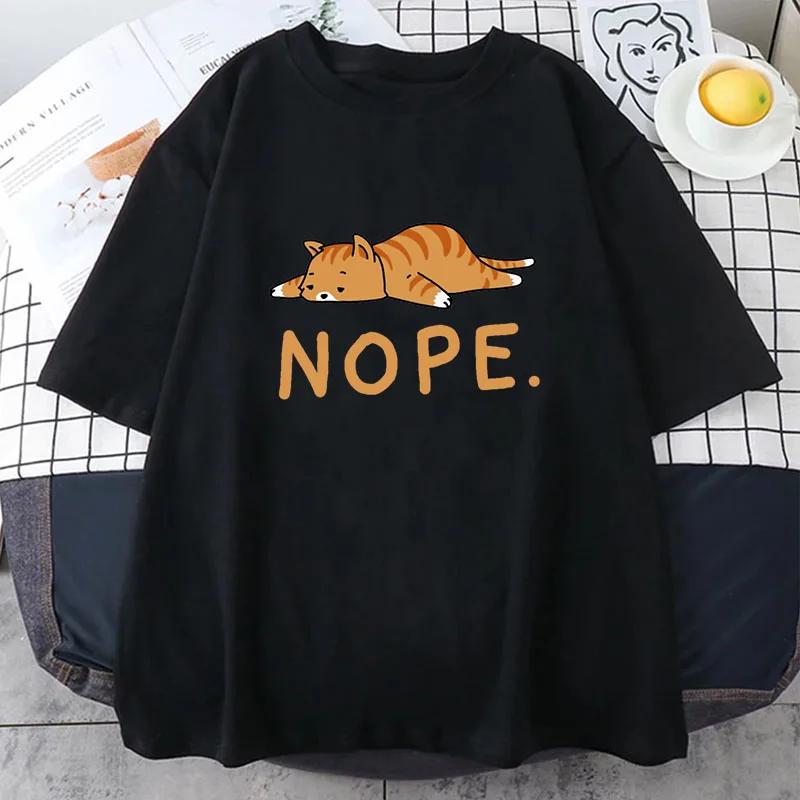 Sleeping Cat Nope Cartoons Print Male Short Sleeve Harajuku Street T-Shirts Summer Loose T Shirts Harajuku Cotton T Shirt Men