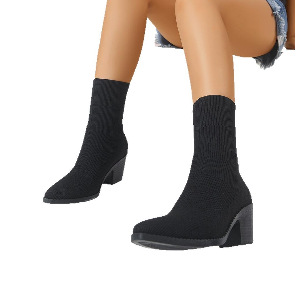 Autumn new British thick heel short boots women's thin boots pointed middle heel women's knitted elastic boots foreign trade