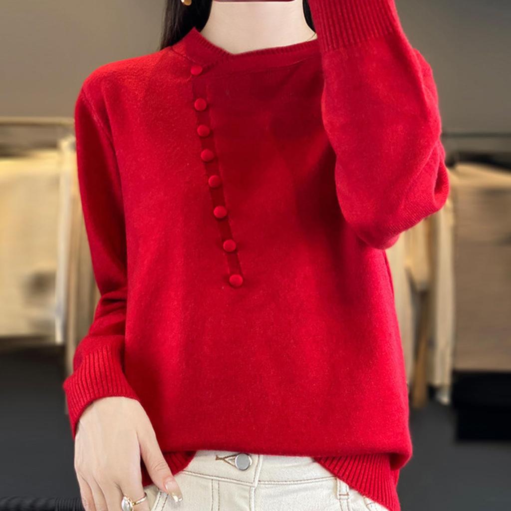Women's Fashion Casual Pullover Knitted Sweater With Buttons, Solid Color, Long Sleeves Top