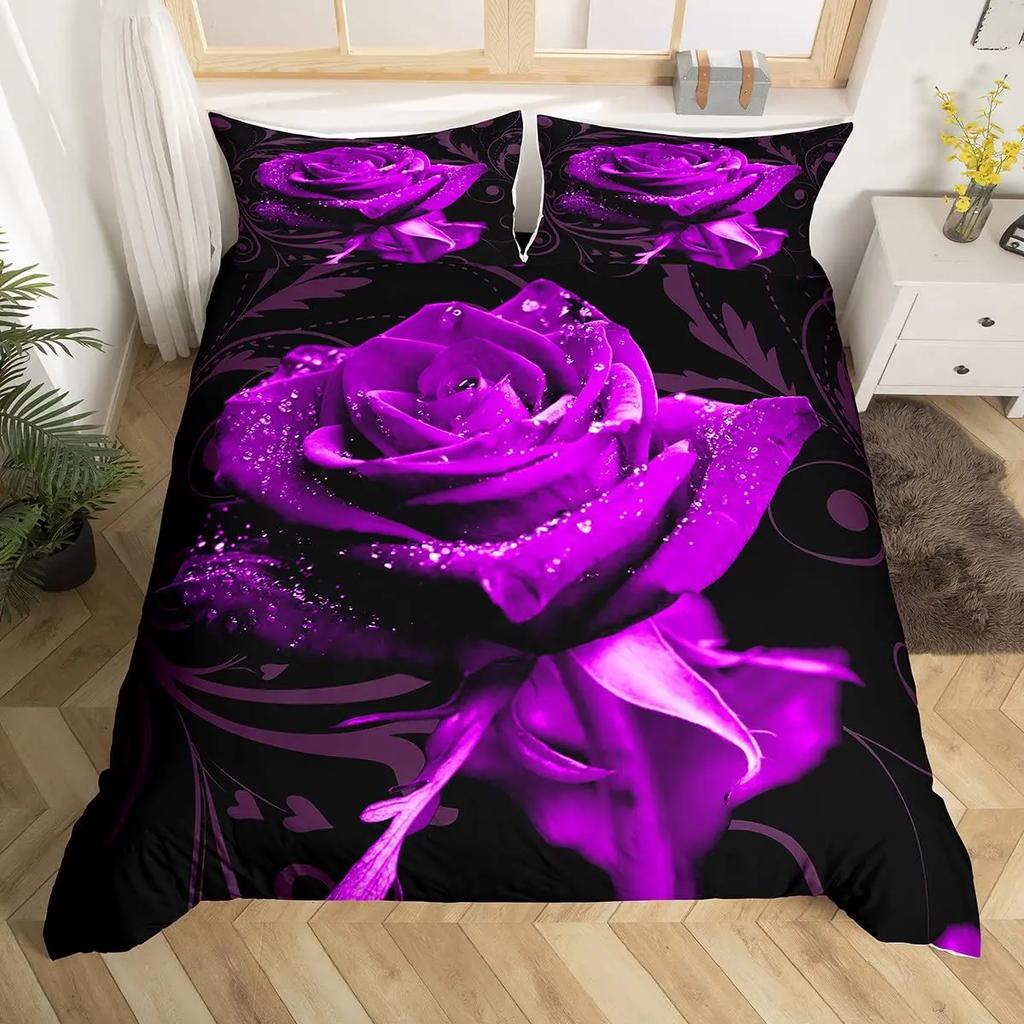 Purple Rose King Queen Duvet Cover Beautiful Butterflies Flowers Bedding Set For Teen Adults Floral 2/3Pcs Polyester Quilt Cover