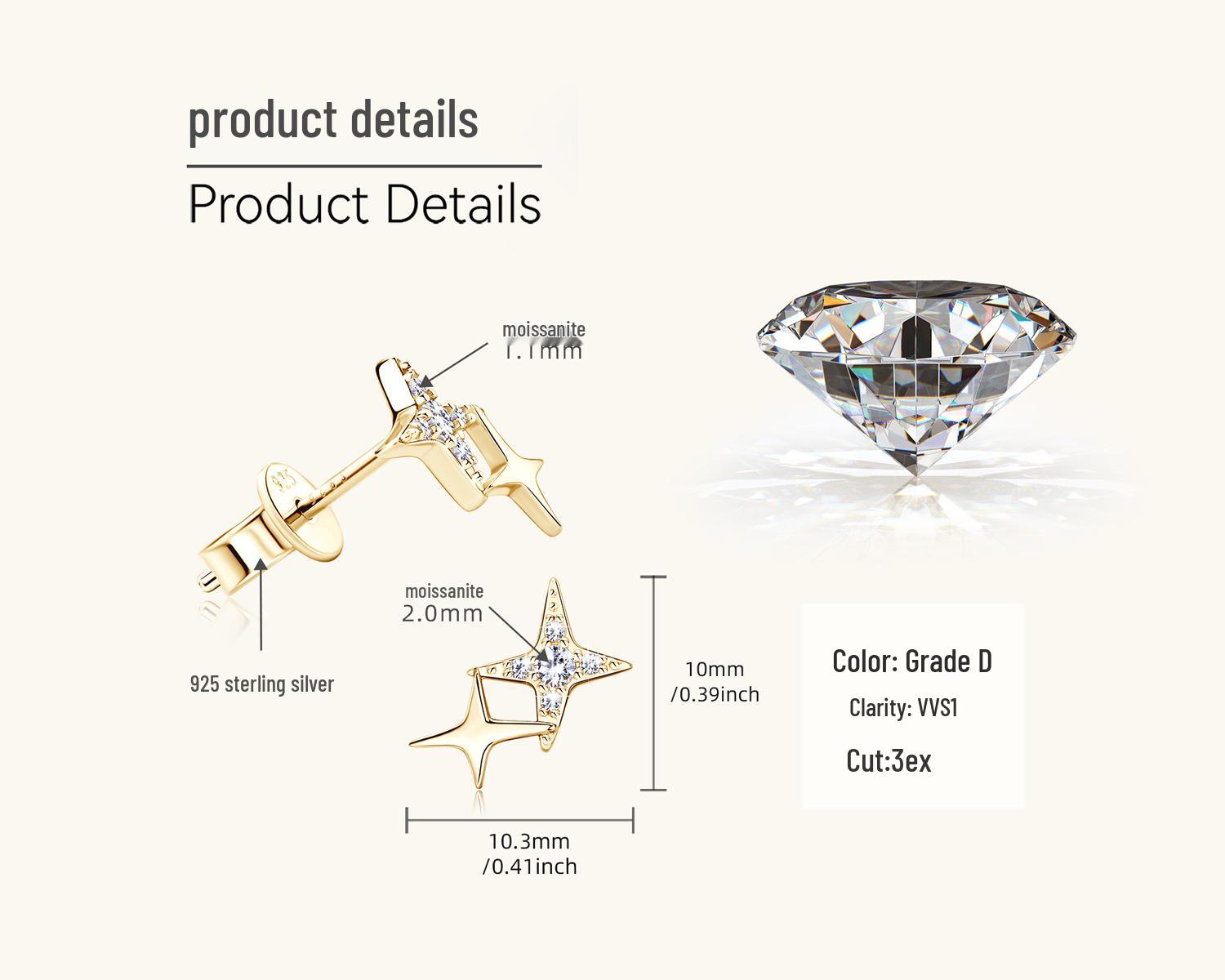 

Серьги-звезды с муассанитами от интернет-знаменитости: Женское серебро 925 пробы, Высококлассный нишевый стиль 0.05 carat + 0.05 carat золотой