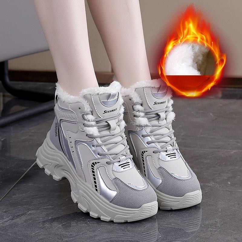 Women's large size soft sole fall and winter warm fur one snow boots padded lining non-slip hiking leisure sports cotton boots