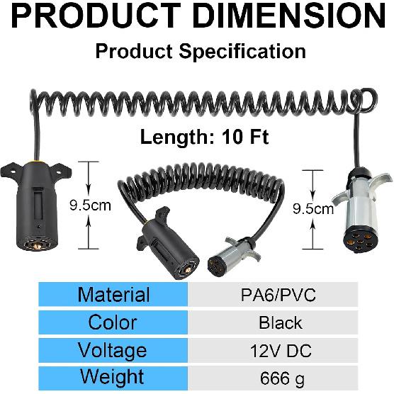 7 Pin To 6 Pin Trailer Adapter, RV 7 To 6 Trailer Wire Kit, 7-Wire To 6-Wire Coiled Cable with Female Receptor Trailer Adapter Stretches To 8-10 Feet